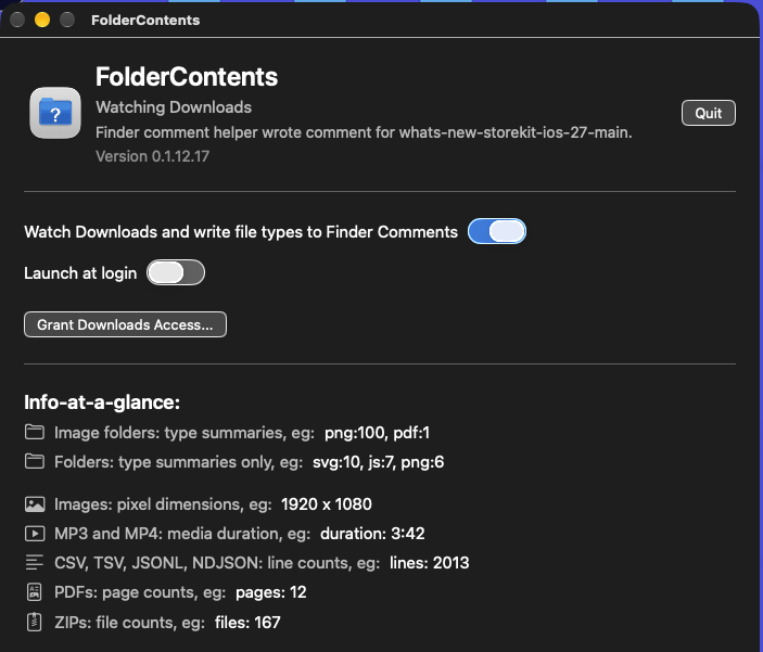 FolderContents settings showing Downloads watching and supported Finder comment summaries